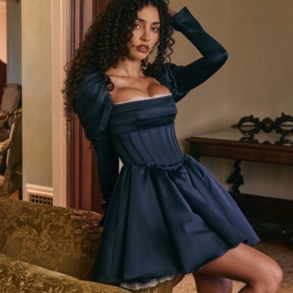 House of CB Dresses & Skirts - house of CB dress Venetia Puff Shoulder Lace Corset Minidress Dark Blue Size XS